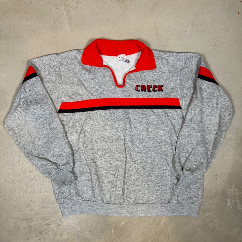 Vintage 80s Champion Creek Racing Stripe Pullover Sweatshirt Grey Red Mens Large